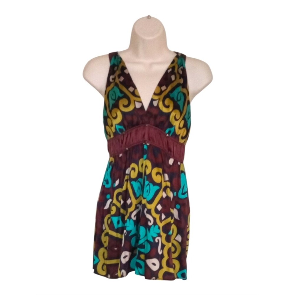 Hale Bob Silk Mini Dress Size Small Halter-Style Brown Turquoise Lime Green